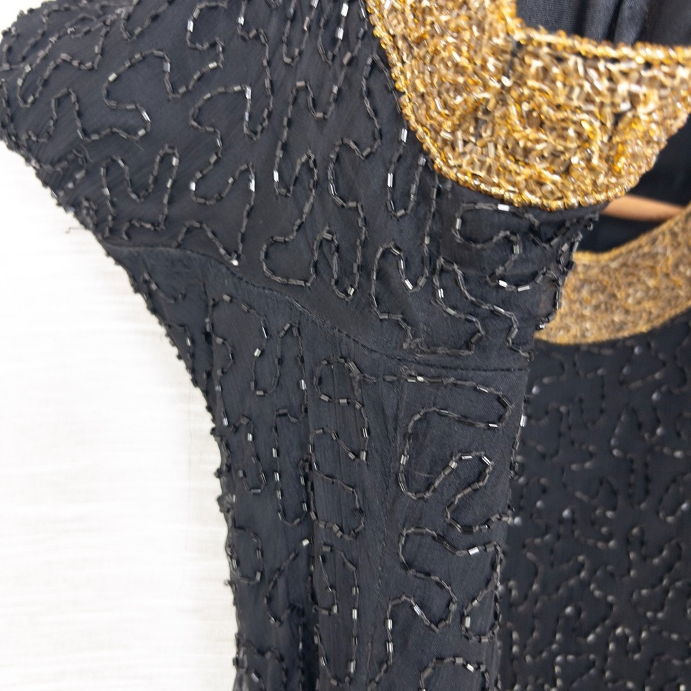 Vintage Laurence Kazar Beaded Top Women's Medium 100% Silk Black Gold Formal 80s - Picture 10 of 16